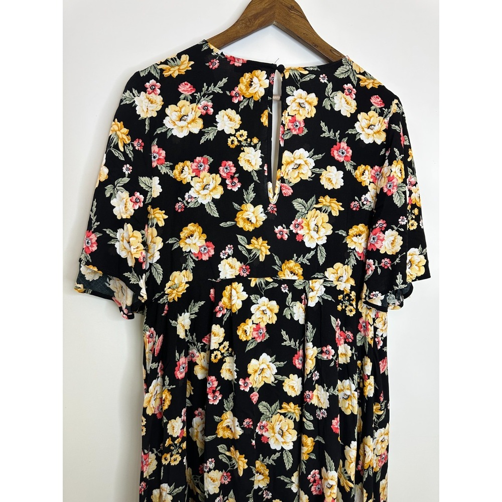Torrid Floral Faux Wrap Challis Dress Flutter Sleeve Plus Size 1 1X Black Yellow - Picture 9 of 14